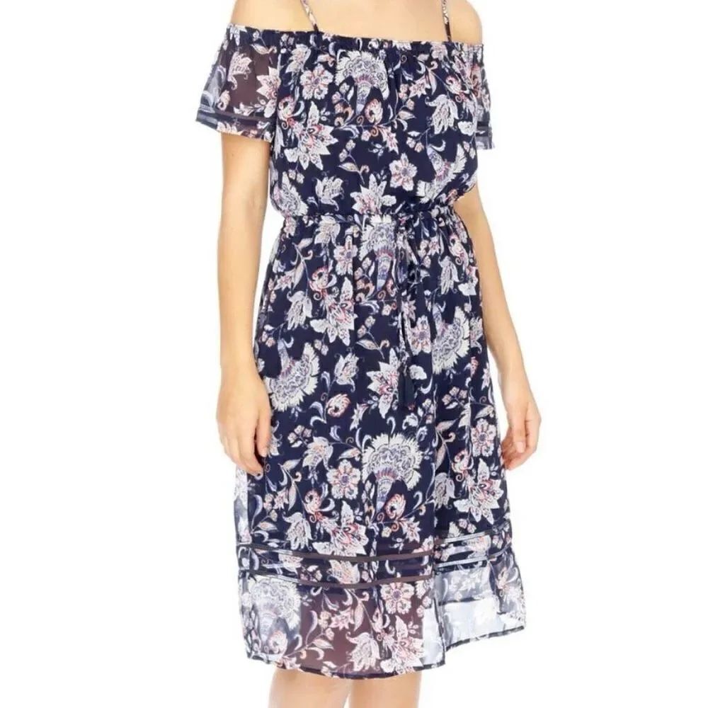 Lucky Brand navy floral ruffled off shoulder dress size m
